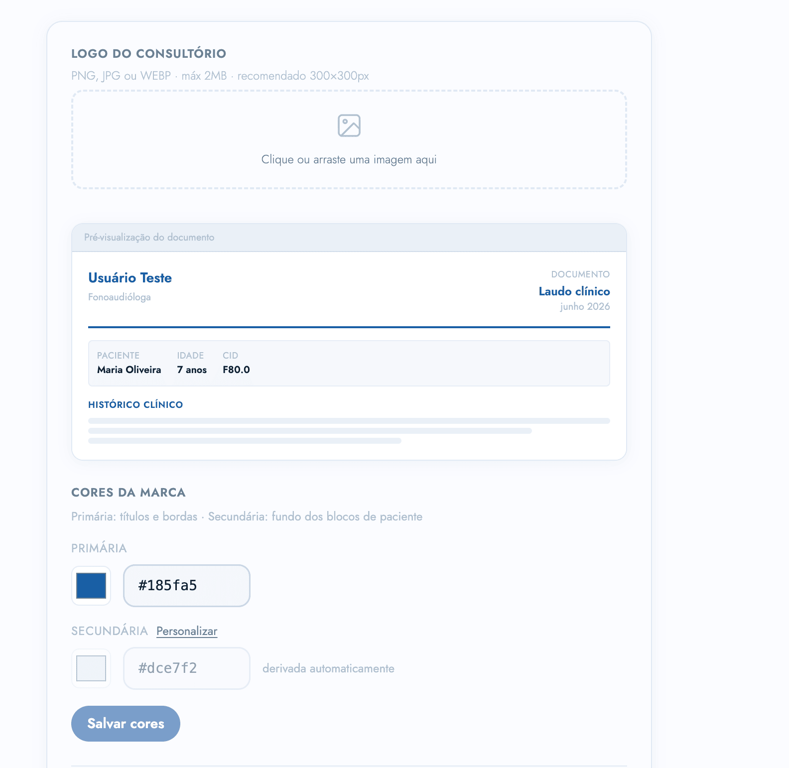 Tela de configuração de identidade visual dos documentos com logo do consultório, pré-visualização e cores da marca