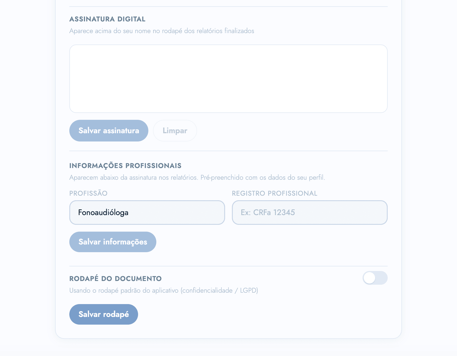 Tela de configuração de assinatura digital, informações profissionais e rodapé dos documentos